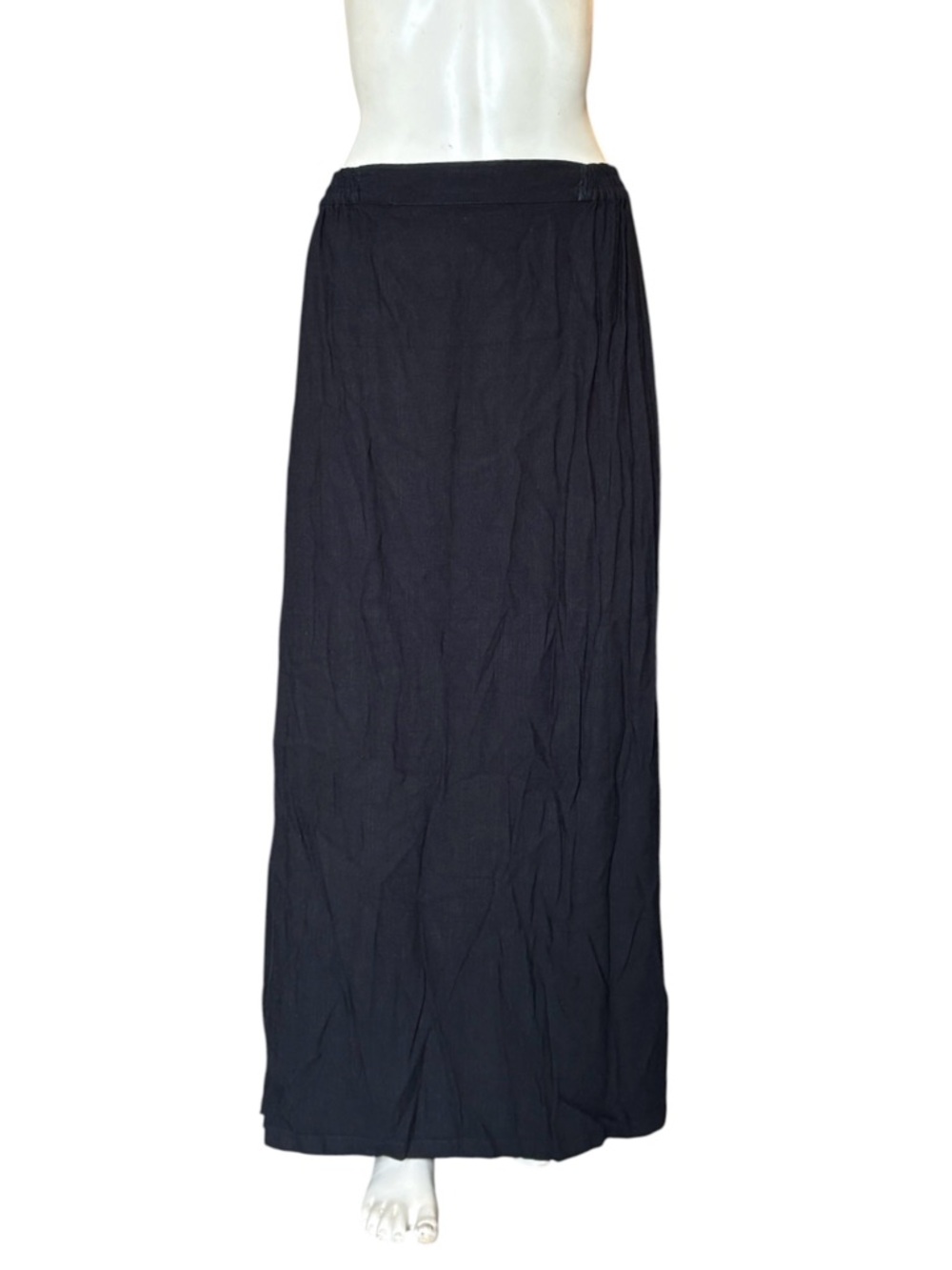 KALIYANA BLACK LINEN BLEND TEXTURED ELASTIC WAISTBAND BOHEMIAN MAXI SKIRT - L